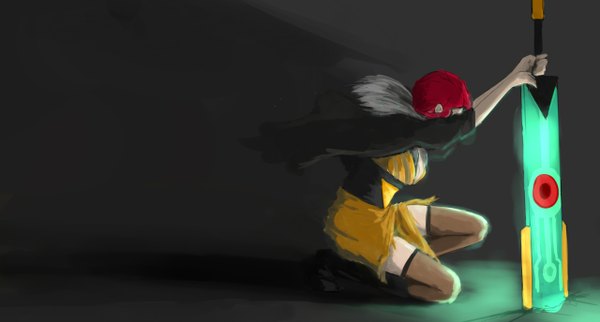 イラスト 1280x688 と transistor (game) red (transistor) 沙茶 ソロ 赤い目 wide image 赤髪 kneeling dark background 女の子 ストッキング 武器 パンスト 剣 キャップ