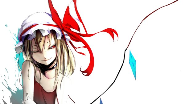 Anime picture 1920x1080 with touhou flandre scarlet yugeoryouki single fringe highres short hair blonde hair simple background smile red eyes wide image white background one eye closed wink girl wings crystal
