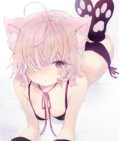 Anime picture 1097x1300 with original sha2mo single tall image looking at viewer blush fringe short hair breasts open mouth light erotic purple eyes animal ears pink hair ahoge lying cat ears hair over one eye on stomach slit pupils