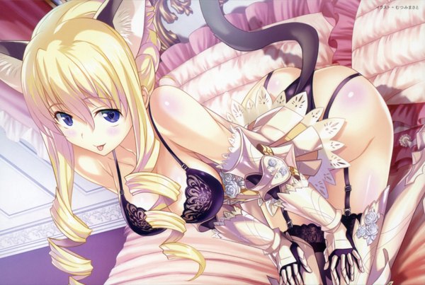 Anime picture 3510x2358 with walkure romanze bertille althusser mutsumi masato single long hair looking at viewer blush fringe highres blue eyes light erotic blonde hair sitting bare shoulders animal ears absurdres ass tail braid (braids) animal tail