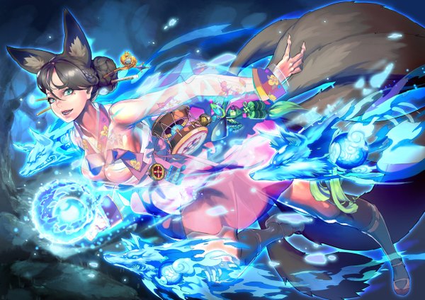 Anime picture 1205x852 with league of legends ahri (league of legends) lucy (bechoco) single looking at viewer fringe open mouth light erotic black hair green eyes animal ears tail animal tail teeth hair bun (hair buns) fang (fangs) fox ears magic fox tail fox girl