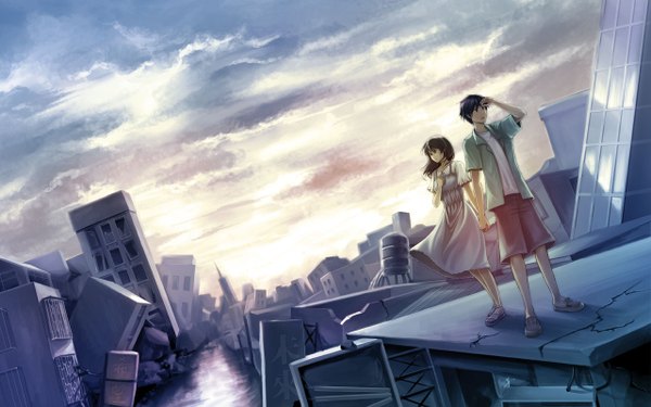 Anime picture 1280x800 with original nori (pixiv) long hair short hair brown hair wide image sky purple hair wind couple city holding hands cityscape landscape scenic ruins post-apocalyptic girl boy shorts