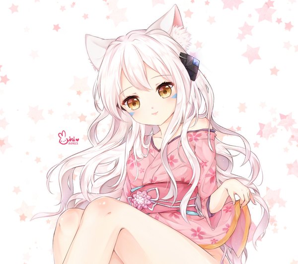 Anime picture 900x800 with original mini single long hair looking at viewer blush fringe simple background smile hair between eyes white background sitting bare shoulders holding signed animal ears yellow eyes bent knee (knees) white hair traditional clothes