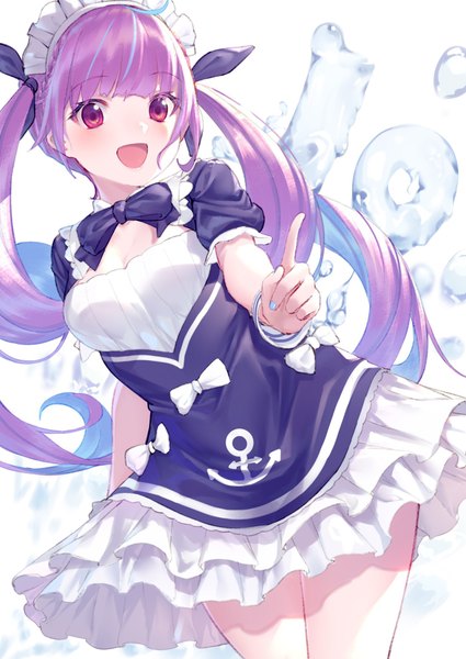 Anime picture 1450x2048 with virtual youtuber hololive minato aqua minato aqua (1st costume) takubon single long hair tall image red eyes white background twintails looking away purple hair nail polish multicolored hair two-tone hair maid streaked hair drill hair girl