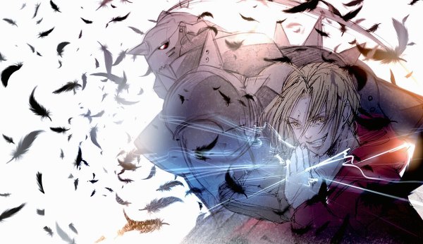 Anime picture 1200x692 with fullmetal alchemist studio bones edward elric alphonse elric kuroe (pixiv5268156) long hair blonde hair smile wide image white background yellow eyes looking away multiple boys boy gloves white gloves armor 2 boys feather (feathers)