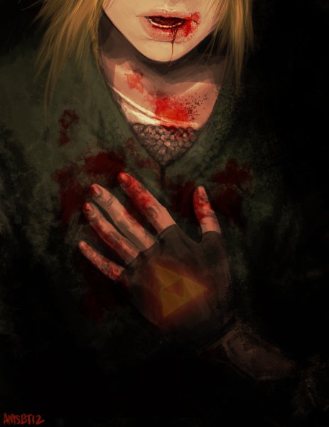 Anime picture 2550x3300 with the legend of zelda nintendo link amsbt single tall image highres open mouth blonde hair signed lips realistic gloves blood
