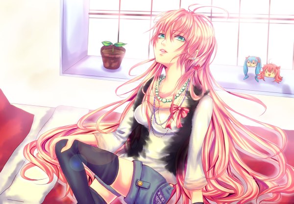 Anime picture 2637x1836 with vocaloid megurine luka takoluka single long hair highres open mouth blue eyes pink hair lips girl thighhighs ribbon (ribbons) shorts pillow bed necklace
