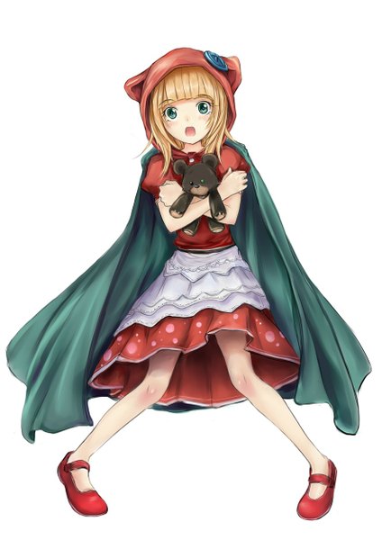 Anime picture 885x1251 with league of legends annie (league of legends) tibbers (league of legends) lancer0519 single tall image looking at viewer blush short hair open mouth simple background blonde hair white background green eyes girl dress hood toy cloak stuffed animal