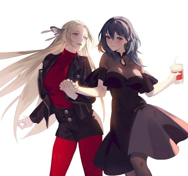 Anime picture 1600x1500 with fire emblem fire emblem: three houses nintendo edelgard von hresvelg byleth (fire emblem) byleth (female) (fire emblem) fajyobore long hair blush fringe breasts open mouth blue eyes simple background smile hair between eyes large breasts white background multiple girls holding