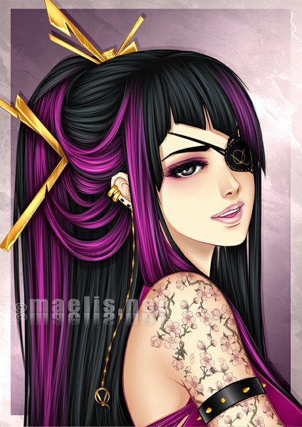 Anime picture 636x900 with m-aelis single tall image black hair pink hair multicolored hair lips two-tone hair grey eyes tattoo piercing girl eyepatch