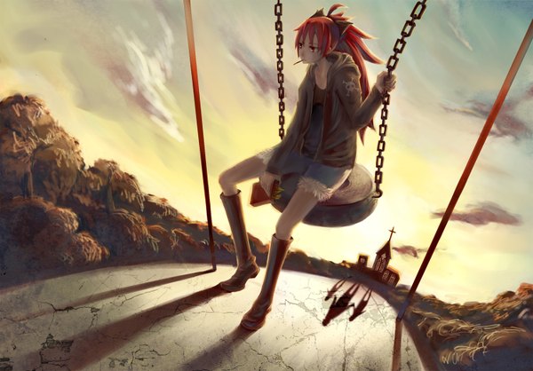 Anime picture 1500x1046 with mahou shoujo madoka magica shaft (studio) sakura kyouko single long hair red eyes sitting sky cloud (clouds) ponytail red hair shadow evening sunset girl bow hair bow jacket shorts boots