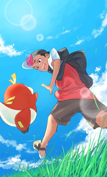 Anime picture 1000x1653 with pokemon pokemon horizons nintendo fuecoco roy (pokemon) umi meteo single tall image short hair open mouth smile red eyes pink hair sky cloud (clouds) outdoors :d teeth from below short sleeves