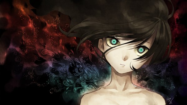 Anime picture 1280x720 with original vocaloid ot-nm single long hair blue eyes black hair wide image bare shoulders nude girl