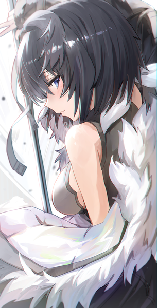 Anime picture 1526x3000 with arknights la pluma (arknights) horn/wood single tall image looking at viewer blush fringe short hair breasts blue eyes black hair hair between eyes white background upper body profile off shoulder fur trim sleeveless girl