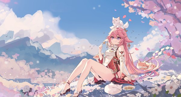 Anime picture 3020x1621 with genshin impact yae miko yajuu single long hair highres wide image sitting purple eyes animal ears looking away pink hair sky full body bent knee (knees) outdoors tail traditional clothes japanese clothes arm support