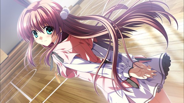 Anime picture 1278x718 with supipara narumi sakura nanao naru blush blue eyes brown hair wide image game cg looking back girl uniform school uniform