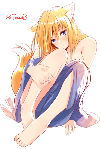 Anime picture 561x826 with original futaba aoi naomi (sekai no hate no kissaten) single long hair tall image looking at viewer blush fringe breasts blue eyes light erotic simple background blonde hair hair between eyes large breasts white background sitting signed animal ears