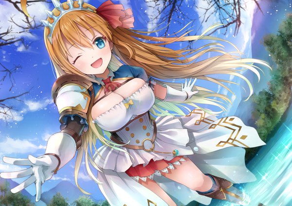 Anime-Bild 1351x955 mit princess connect! re:dive princess connect! pecorine (princess connect!) inuno pesu single long hair looking at viewer blush fringe breasts open mouth blue eyes light erotic smile hair between eyes large breasts standing payot sky cleavage