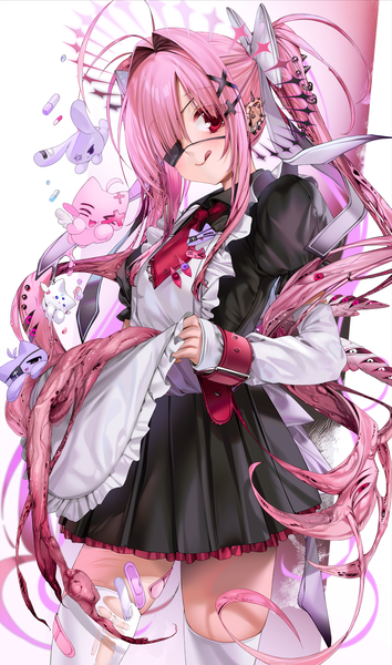 Anime picture 3544x6000 with original veinte (unxi) unxi single tall image looking at viewer fringe highres simple background smile red eyes standing white background payot pink hair absurdres ahoge blunt bangs long sleeves very long hair
