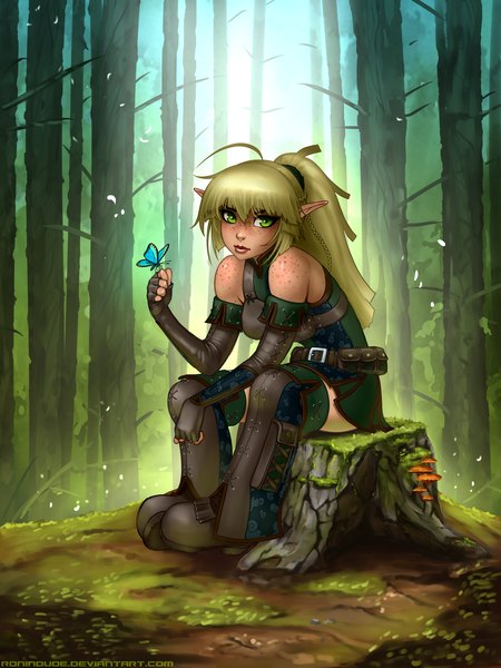 Anime picture 3000x4000 with ronin dude (ray cornwell) single long hair tall image highres blonde hair sitting green eyes looking away ponytail lips pointy ears freckles girl plant (plants) tree (trees) boots insect butterfly forest