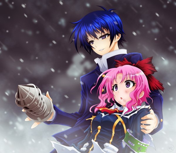 Anime picture 2006x1750 with medaka box gainax kumagawa misogi emukae mukae von-cx (van-dinex) highres short hair smile purple eyes blue hair pink hair wind coloring torn clothes snowing winter girl boy bow hair bow