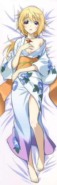 Anime picture 2312x7462 with infinite stratos 8bit charles dunois single long hair tall image looking at viewer blush highres light erotic blonde hair purple eyes full body traditional clothes japanese clothes dakimakura (medium) girl kimono