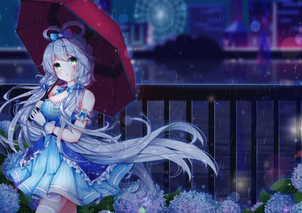 Anime picture 1697x1200 with vocaloid vocaloid china luo tianyi yuri to hizakura single looking at viewer blush fringe breasts large breasts standing twintails bare shoulders holding green eyes blue hair outdoors very long hair wind blurry