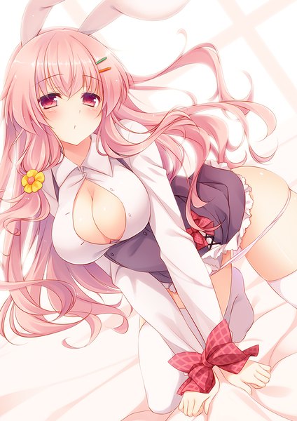Anime picture 800x1132 with original rinka (yuyutei) single long hair tall image blush fringe breasts light erotic hair between eyes large breasts animal ears pink hair head tilt pink eyes bunny ears open shirt on all fours panty pull bound hands