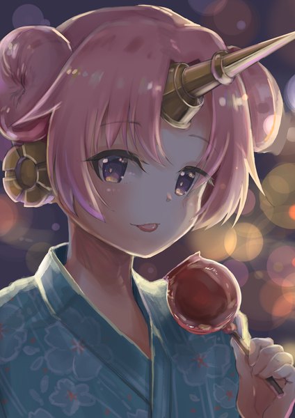 Anime picture 2480x3508 with fate (series) fate/apocrypha frankenstein's monster (fate) sashimin single tall image looking at viewer blush fringe highres short hair smile purple eyes holding payot pink hair traditional clothes japanese clothes horn (horns) hair bun (hair buns)