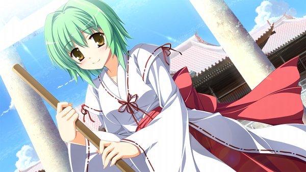 Anime picture 1280x720 with fortissimo//akkord:bsusvier (game) ooba kagerou short hair wide image yellow eyes game cg traditional clothes green hair miko girl
