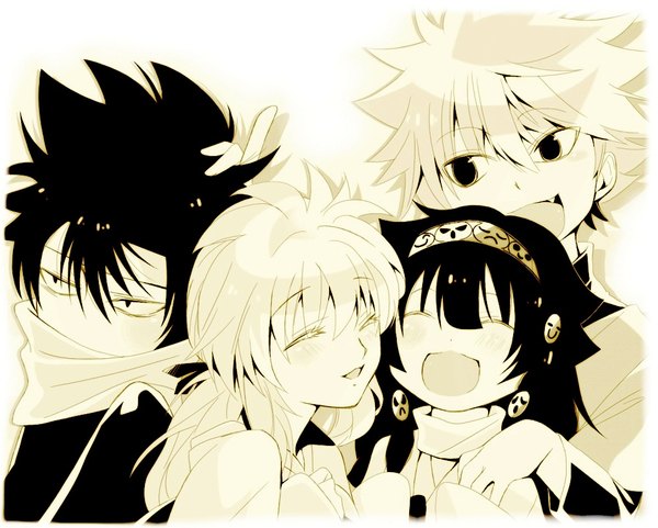 Anime picture 1000x802 with hunter x hunter yu yu hakusho killua zaoldyeck alluka zoldyck hiei jaganshi yukina (yuu yuu hakusho) sakakimu long hair fringe short hair open mouth black hair simple background smile hair between eyes white background looking away eyes closed multiple boys fang (fangs)