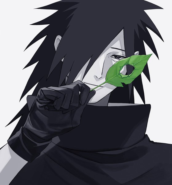 Anime picture 1500x1611 with naruto studio pierrot naruto (series) uchiha madara tagme (artist) single long hair tall image looking at viewer fringe black hair simple background white background holding head tilt light smile hair over one eye monochrome portrait spiked hair