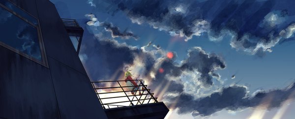 Anime picture 7000x2848 with vocaloid kagamine rin no.734 highres short hair blonde hair wide image sitting absurdres sky cloud (clouds) evening sunset girl building (buildings)