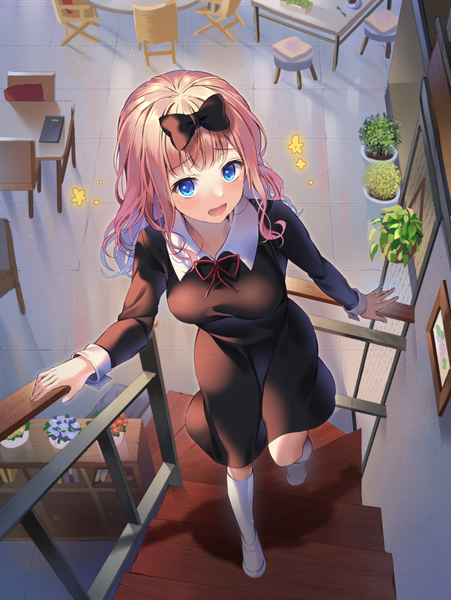 Anime picture 677x900 with kaguya-sama wa kokurasetai ~tensai-tachi no renai zunousen~ a-1 pictures fujiwara chika pinb single long hair tall image looking at viewer fringe breasts open mouth blue eyes pink hair full body girl dress bow plant (plants) hair bow socks