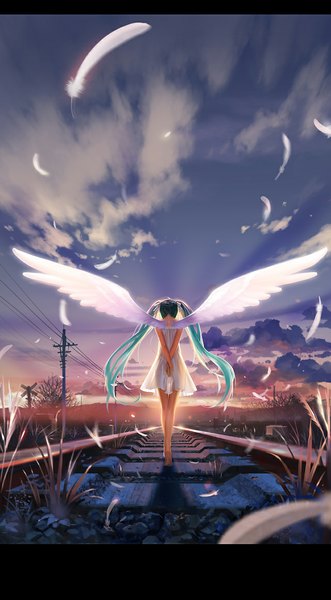 Anime picture 641x1160 with vocaloid hatsune miku alphonse (white datura) single long hair tall image twintails sky cloud (clouds) barefoot from behind aqua hair evening sunset hands behind back angel wings girl dress plant (plants) wings