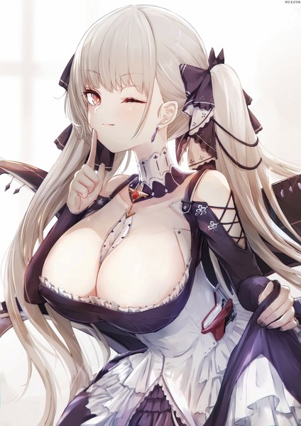 Anime picture 1158x1638 with azur lane formidable (azur lane) nekoya (liu) single long hair tall image looking at viewer blush fringe breasts light erotic simple background red eyes large breasts standing white background twintails cleavage blunt bangs nail polish