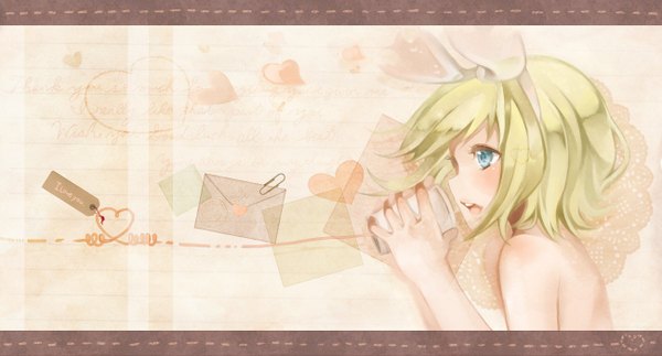 Anime picture 1300x700 with vocaloid kagamine rin nou single open mouth blonde hair wide image bare shoulders aqua eyes heart of string girl bow hair bow heart envelope
