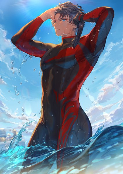 Anime picture 1592x2251 with fate (series) fate/grand order bartholomew roberts (fate/grand order) mashuu (neko no oyashiro) single tall image looking at viewer short hair blue eyes light erotic standing holding sky cloud (clouds) outdoors parted lips black eyes sunlight arms up wet