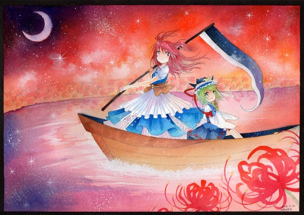 Anime picture 1500x1062 with touhou onozuka komachi shikieiki yamaxanadu mosho short hair red eyes multiple girls signed looking away red hair green hair two side up crescent traditional media watercolor (medium) weapon over shoulder girl dress flower (flowers) weapon