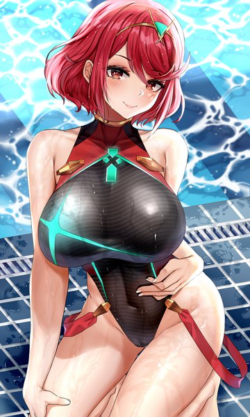 Anime picture 2400x4000 with xenoblade xenoblade 2 pyra (xenoblade) pyra (pro swimmer) (xenoblade) piukute062 single tall image looking at viewer blush fringe highres short hair breasts light erotic smile hair between eyes red eyes payot red hair head tilt