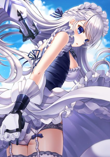 Anime picture 1200x1704 with azur lane belfast (azur lane) ecu8080 single long hair tall image blush fringe breasts open mouth blue eyes light erotic hair between eyes standing sky silver hair cloud (clouds) outdoors braid (braids) head tilt
