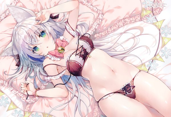 Anime picture 4217x2895 with original miwabe sakura single long hair looking at viewer blush fringe highres breasts open mouth light erotic hair between eyes green eyes animal ears absurdres cleavage silver hair lying nail polish fingernails