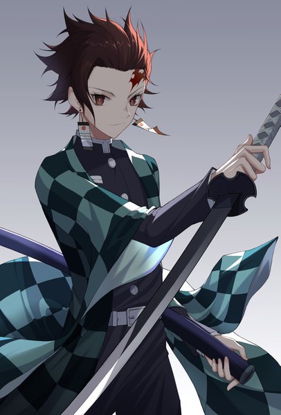 Anime picture 2373x3508 with kimetsu no yaiba ufotable kamado tanjirou bilibilida single tall image highres short hair simple background brown hair brown eyes upper body traditional clothes japanese clothes grey background scar checkered boy weapon earrings