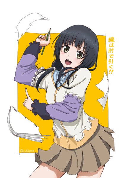 Anime picture 2149x3035 with shirobako p.a. works yasuhara ema ayano yuu (sonma 1426) single long hair tall image looking at viewer fringe highres open mouth black hair twintails green eyes blunt bangs pleated skirt low twintails girl skirt detached sleeves