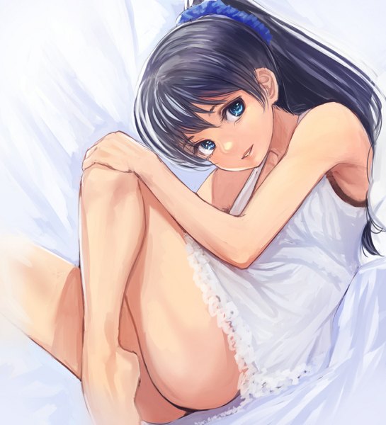 Anime picture 1000x1100 with idolmaster ganaha hibiki bukimi isan single long hair tall image fringe blue eyes light erotic black hair simple background smile ponytail barefoot bare legs legs reclining girl dress white dress