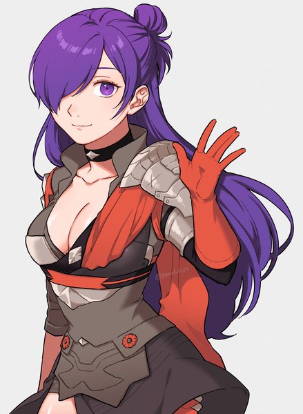 Anime picture 1634x2234 with fire emblem fire emblem: three houses fire emblem warriors: three hopes nintendo shez (fire emblem) shez (female) (fire emblem) peach11 01 single long hair tall image looking at viewer fringe breasts simple background smile purple eyes cleavage purple hair hair over one eye grey background