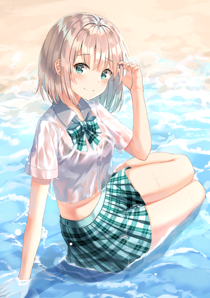 Anime picture 848x1200 with original ruda (ruda e) single tall image looking at viewer blush short hair light erotic blonde hair smile aqua eyes arm support partially submerged adjusting hair plaid skirt wet clothes girl skirt uniform school uniform