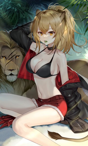 Anime picture 2066x3444 with arknights siege (arknights) ion (on01e) single long hair tall image fringe highres breasts open mouth light erotic hair between eyes brown hair large breasts sitting holding animal ears yellow eyes cleavage bent knee (knees)