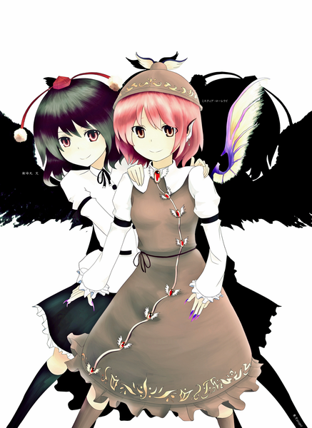 Anime picture 1311x1800 with touhou shameimaru aya mystia lorelei professor aulait tall image short hair black hair smile white background multiple girls pink hair pink eyes hand on another's shoulder girl 2 girls hat wings tokin hat