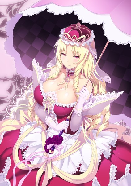 Anime picture 900x1273 with original cait single long hair tall image looking at viewer blush breasts light erotic blonde hair large breasts cleavage pink eyes light smile drill hair checkered girl dress flower (flowers) ribbon (ribbons)